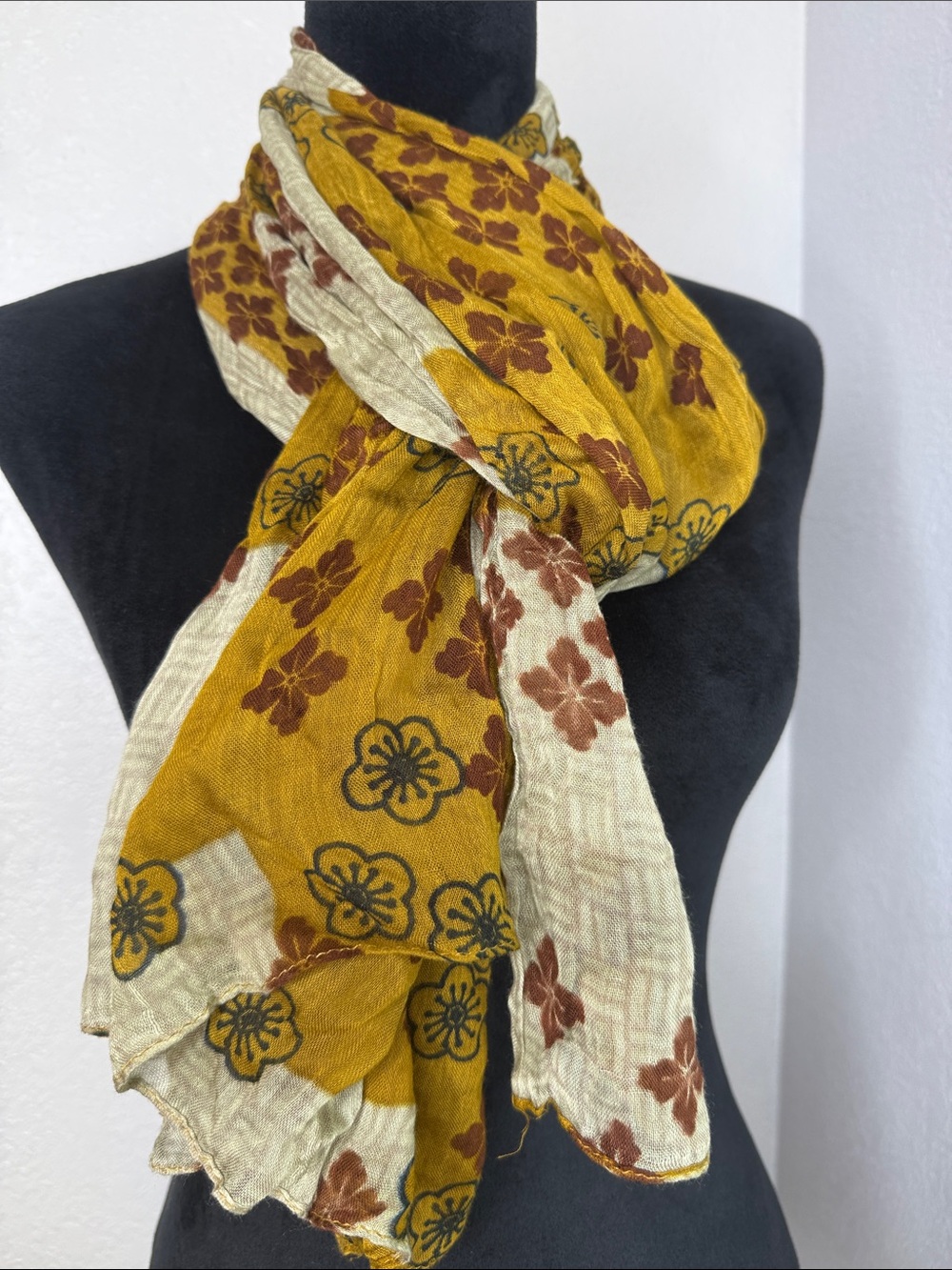Boho Floral Lightweight Scarf Mustard Yellow Cream Patchwork Wrap Shawl Artsy